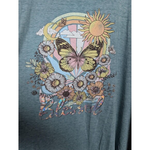 Lane Bryant Shirt Womens 38/40 Teal Graphic Blessed Butterfly Floral Scoop Neck - Picture 4 of 9